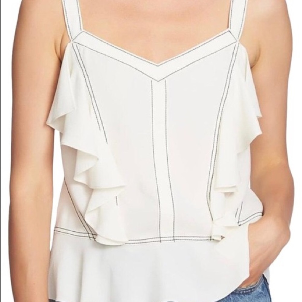 1.STATE White Ruffle Contrast Stitch Camisole Tank